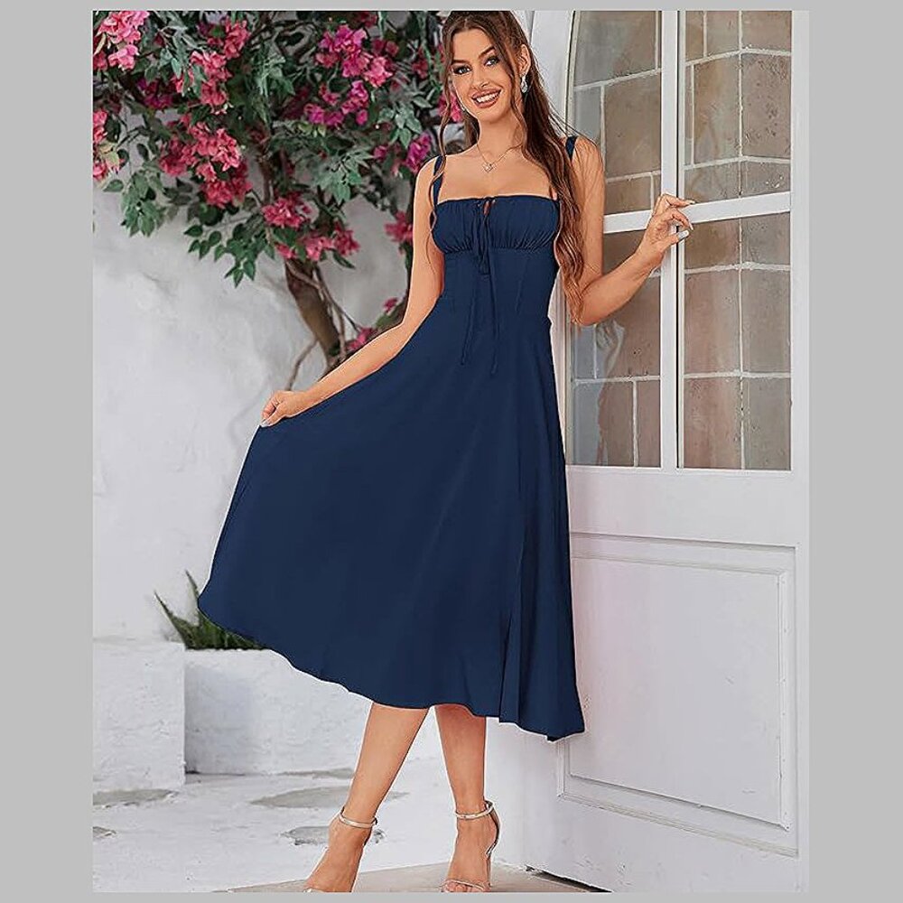 Floral Midi Corset Dress Boho Flowy Slit Lace Up Dresses for Women Solid Navy - Picture 2 of 5